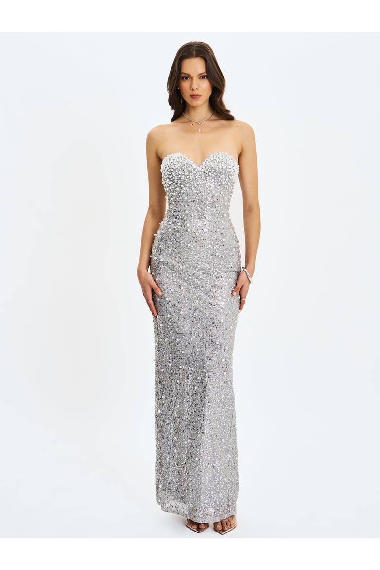 Noelle Sequin Pearl-Embellished Sweetheart Maxi Dress, Main, color, Silver