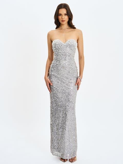 Noelle Sequin Pearl-Embellished Sweetheart Maxi Dress