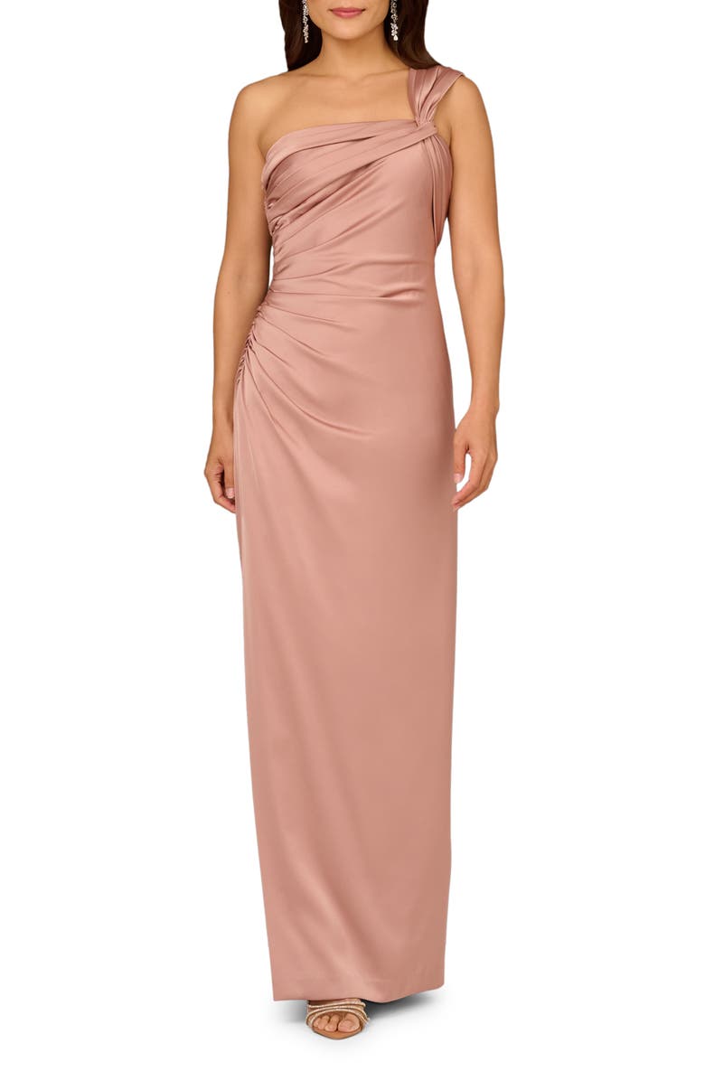 Aidan Mattox by Adrianna Papell One-Shoulder Crepe Back Satin Gown, Main, color, Warm Cameo