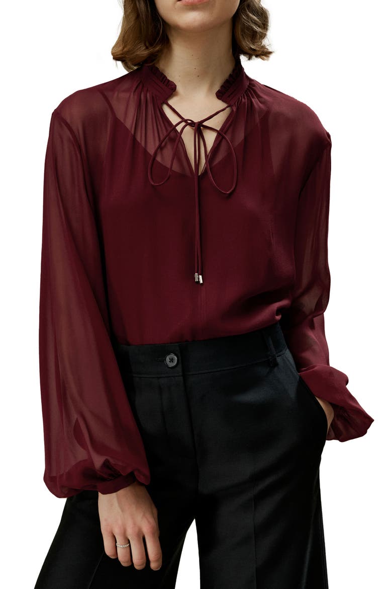 Tie Front Drawstring Georgette Blouse, Main, color, Oxblood