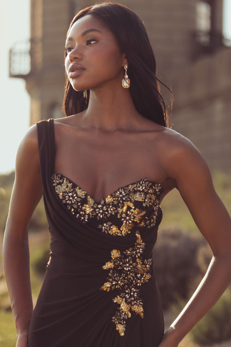 One Shoulder Embellished Jersey Gown, Alternate, color, Chocolate