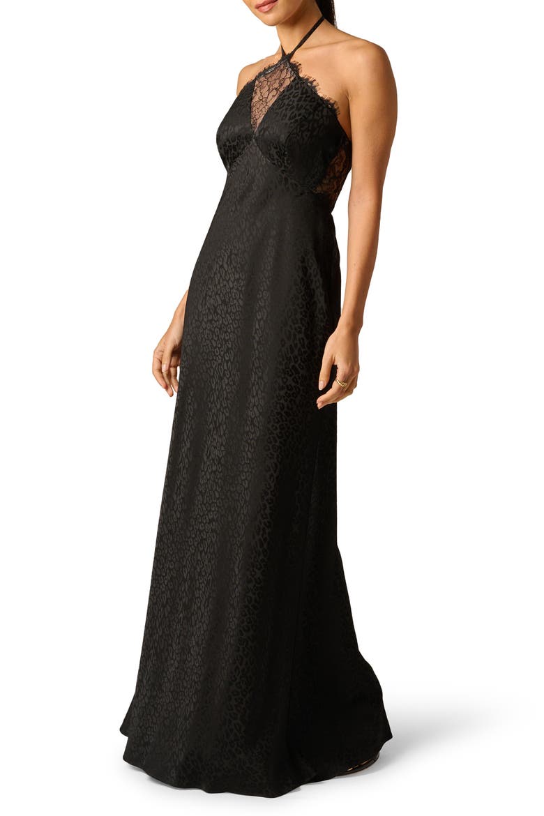 Leopard Jacquard & Lace Halter Gown., Alternate, color, BLACK