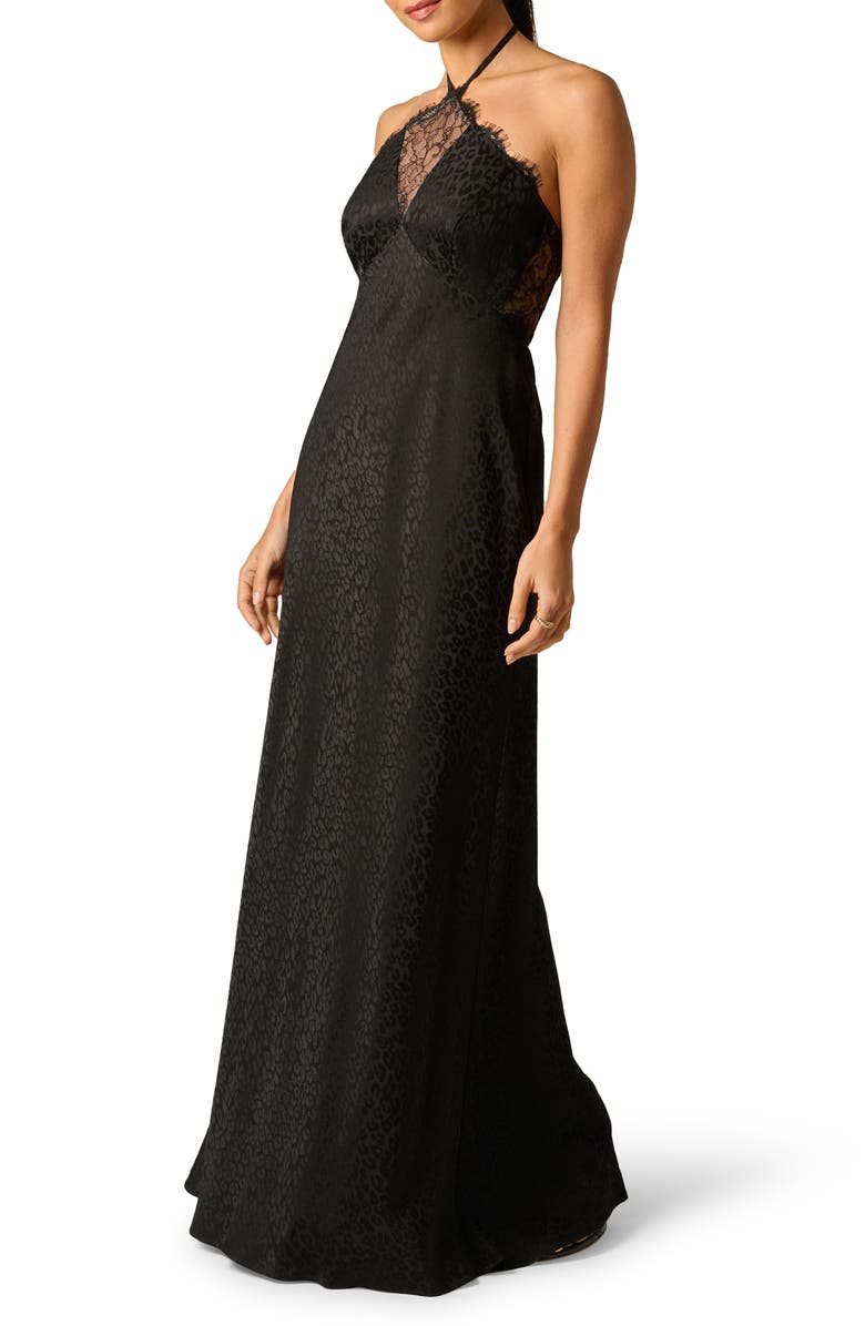 Adrianna Papell Leopard Jacquard & Lace Halter Gown., Alternate, color, Black