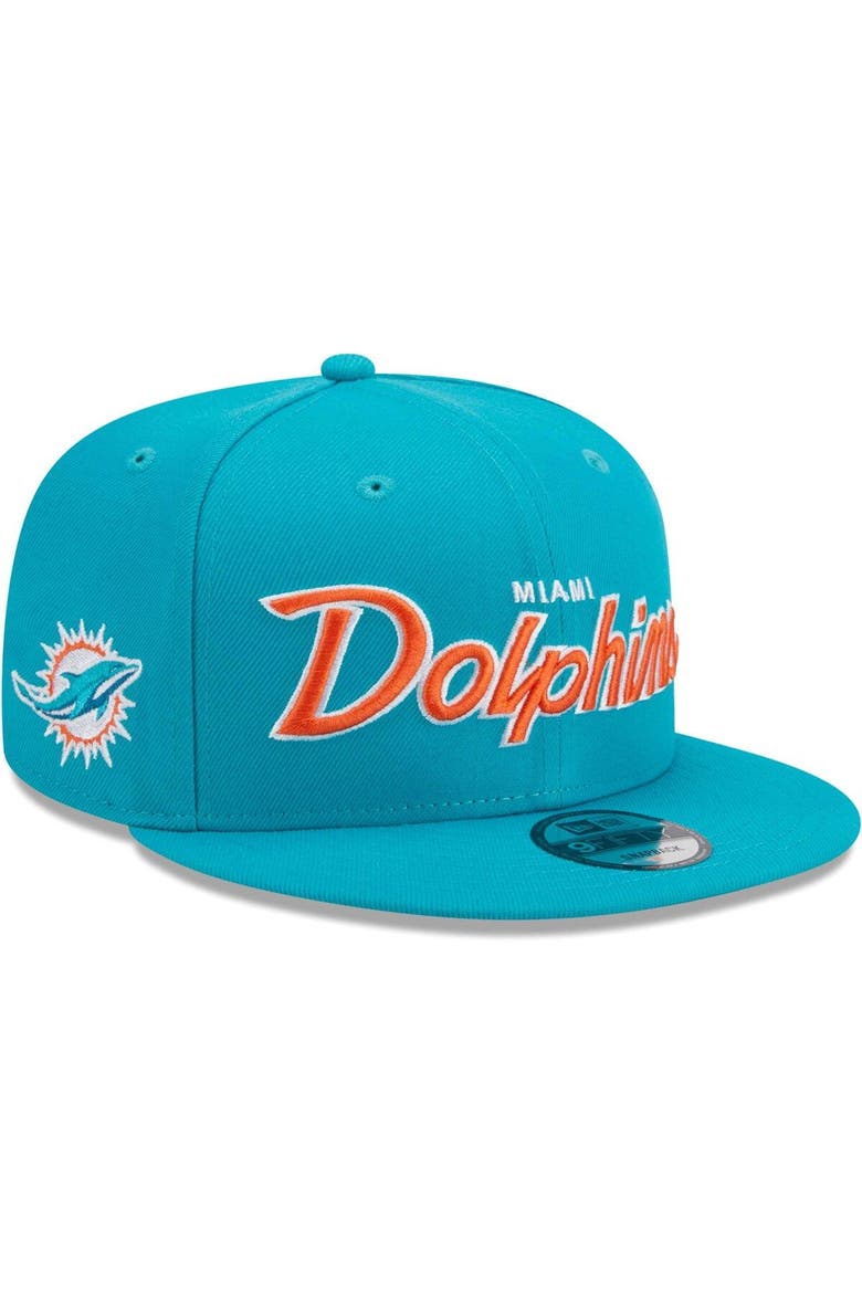 Men's New Era Aqua Miami Dolphins Main Script 9FIFTY Snapback Hat, Main, color, Aqua