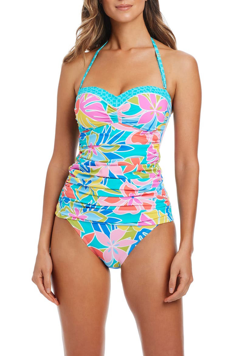 Floral Strapless Tankini Top, Alternate, color, AQUA FRESCA