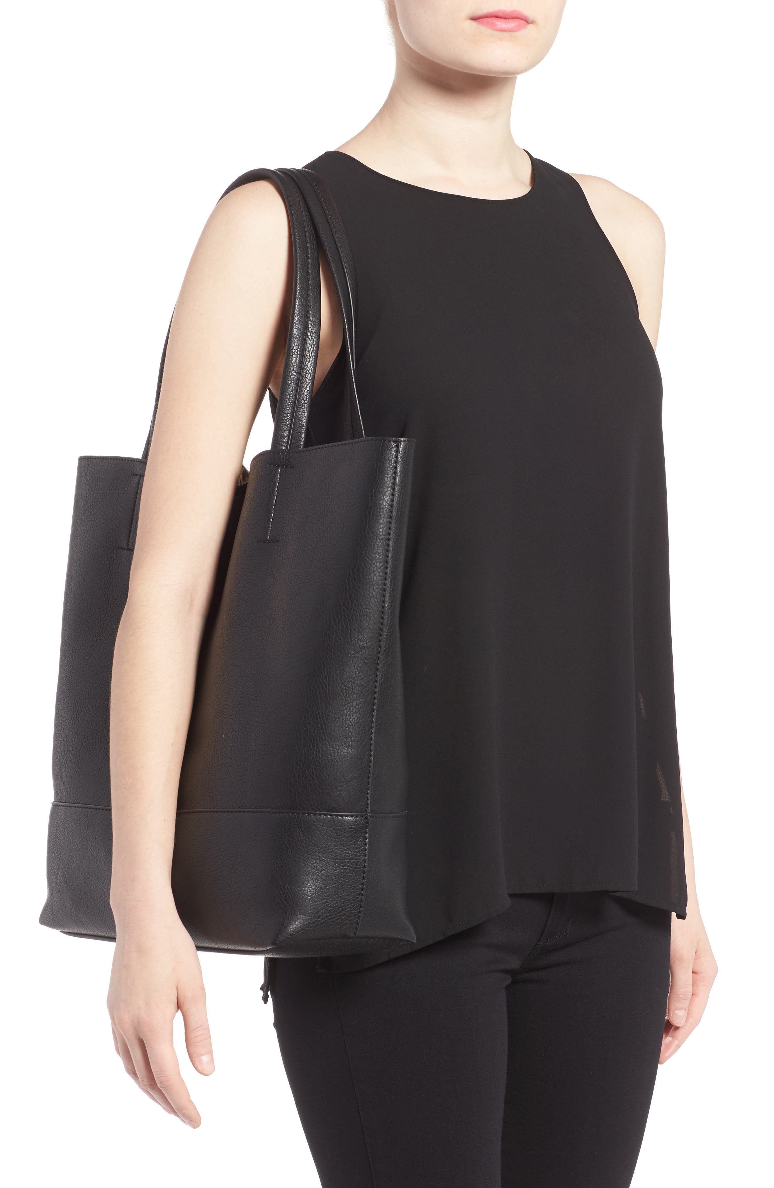 Oversize Melyssa Faux Leather Tote, Alternate, color, BLACK