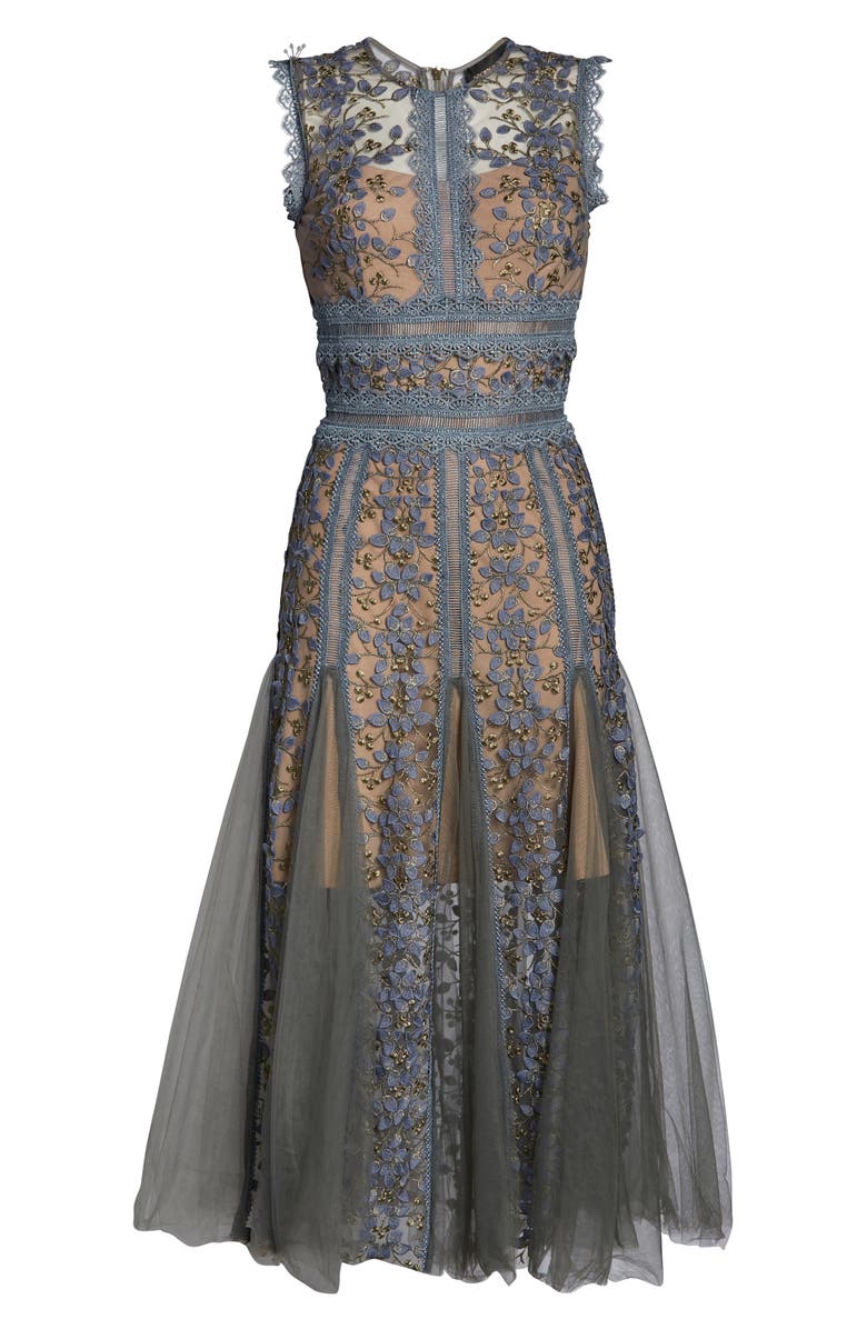 Bronx and Banco Megan Grey Floral Lace Midi Dress, Alternate, color,