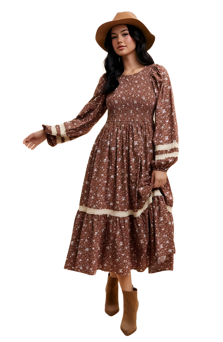 Knit and Lounge Smocked Long Sleeve Midi Dress With Lace Trim, Alternate, color,