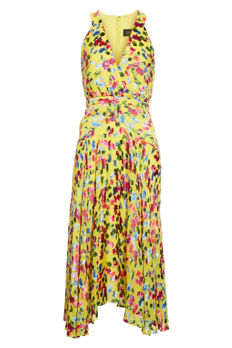 Rita Floral Print Shark Bite Hem Midi Dress, Alternate, color, YELLOW GARDENIA