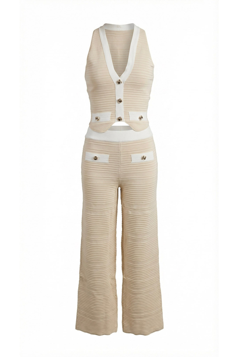 Ribbed Knit Vest and Wide Leg Pant Set, Alternate, color, Beige / White
