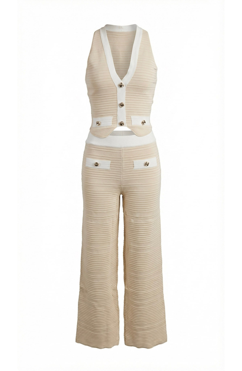 Modenaire Ribbed Knit Vest and Wide Leg Pant Set, Alternate, color, Beige / White