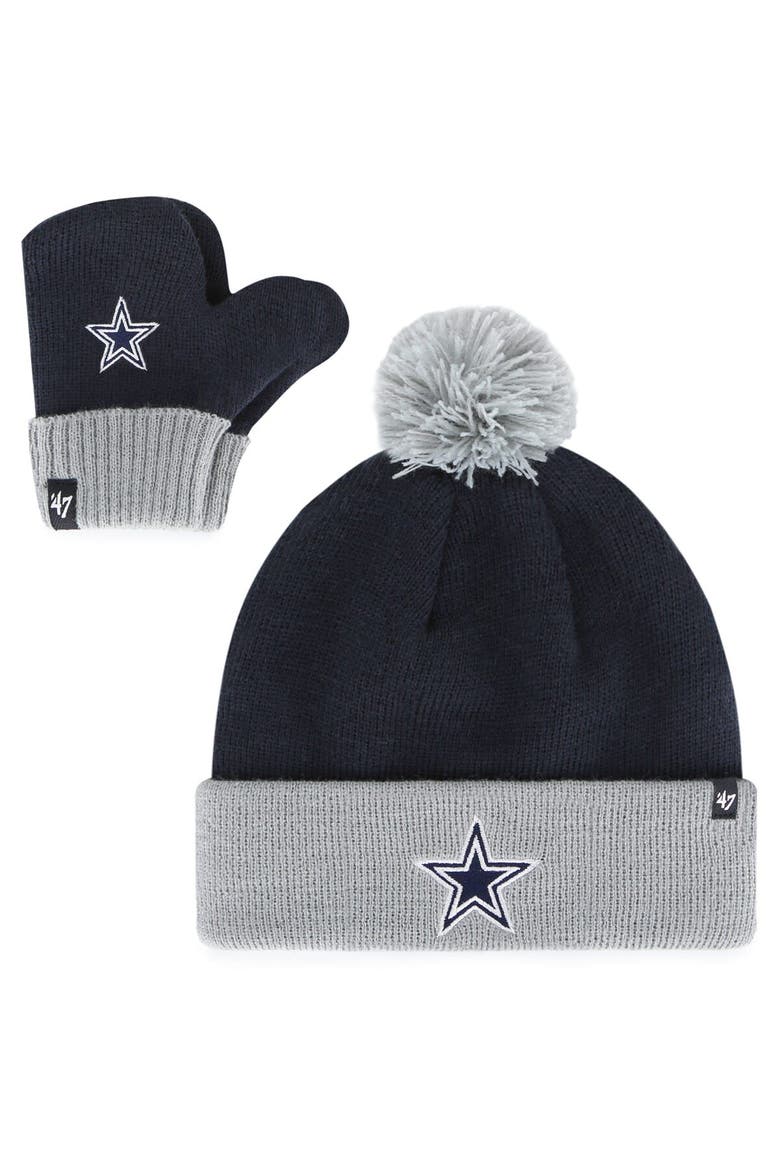 Infant '47 Navy Dallas Cowboys Bam Bam Cuffed Knit Hat with Pom & Mittens Set, Main, color, Navy