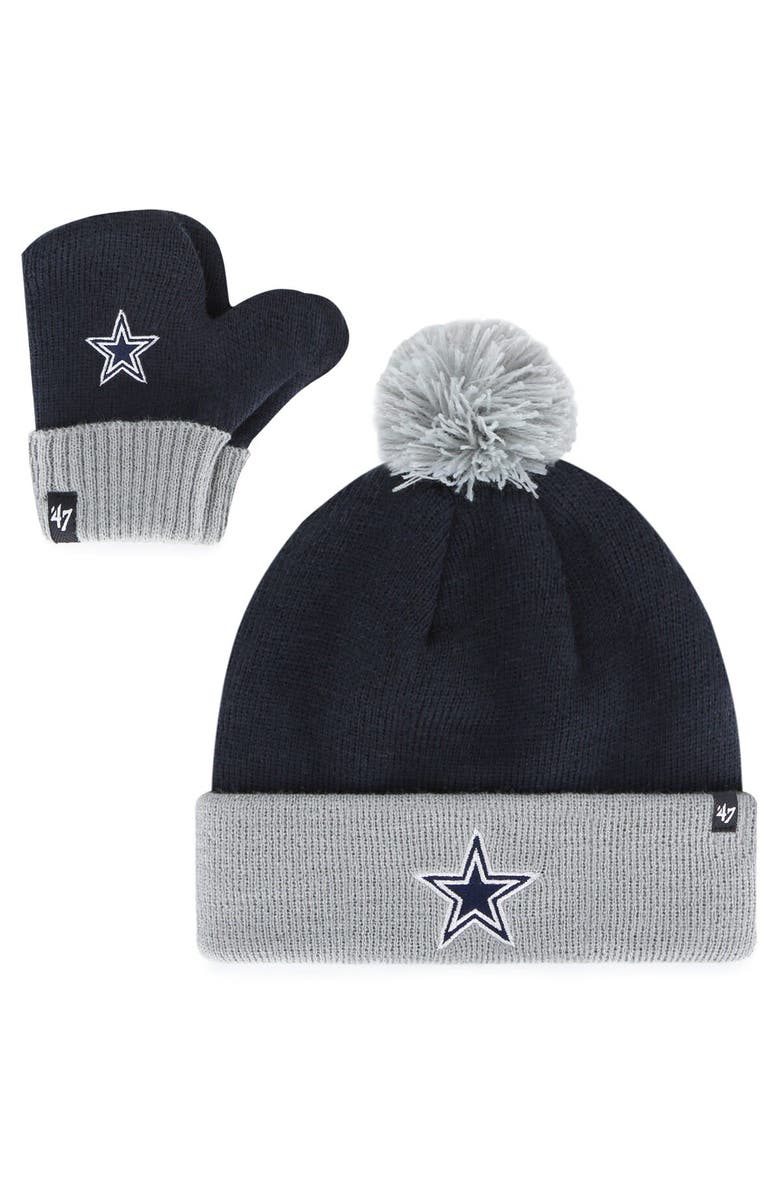 '47 Infant '47 Navy Dallas Cowboys Bam Bam Cuffed Knit Hat with Pom & Mittens Set, Main, color, Navy