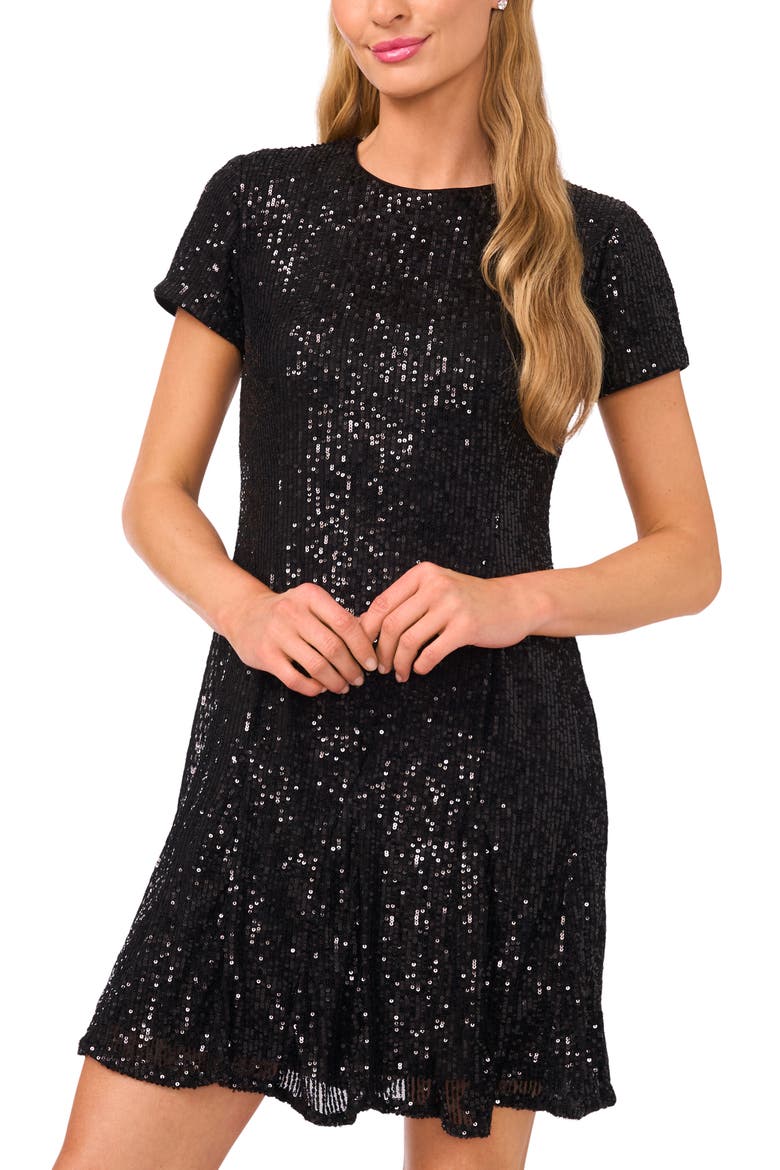 Sequin Fit & Flare Dress, Alternate, color, RICH BLACK