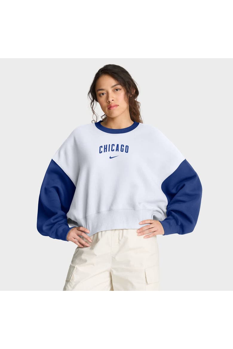 Women's Nike White/Royal Chicago Cubs Oversized High Hip Fleece Sweatshirt, Main, color, White