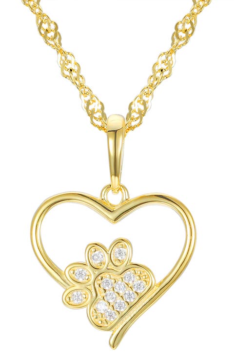 Kids' Cubic Zirconia Pavé Paw Heart Pendant Necklace