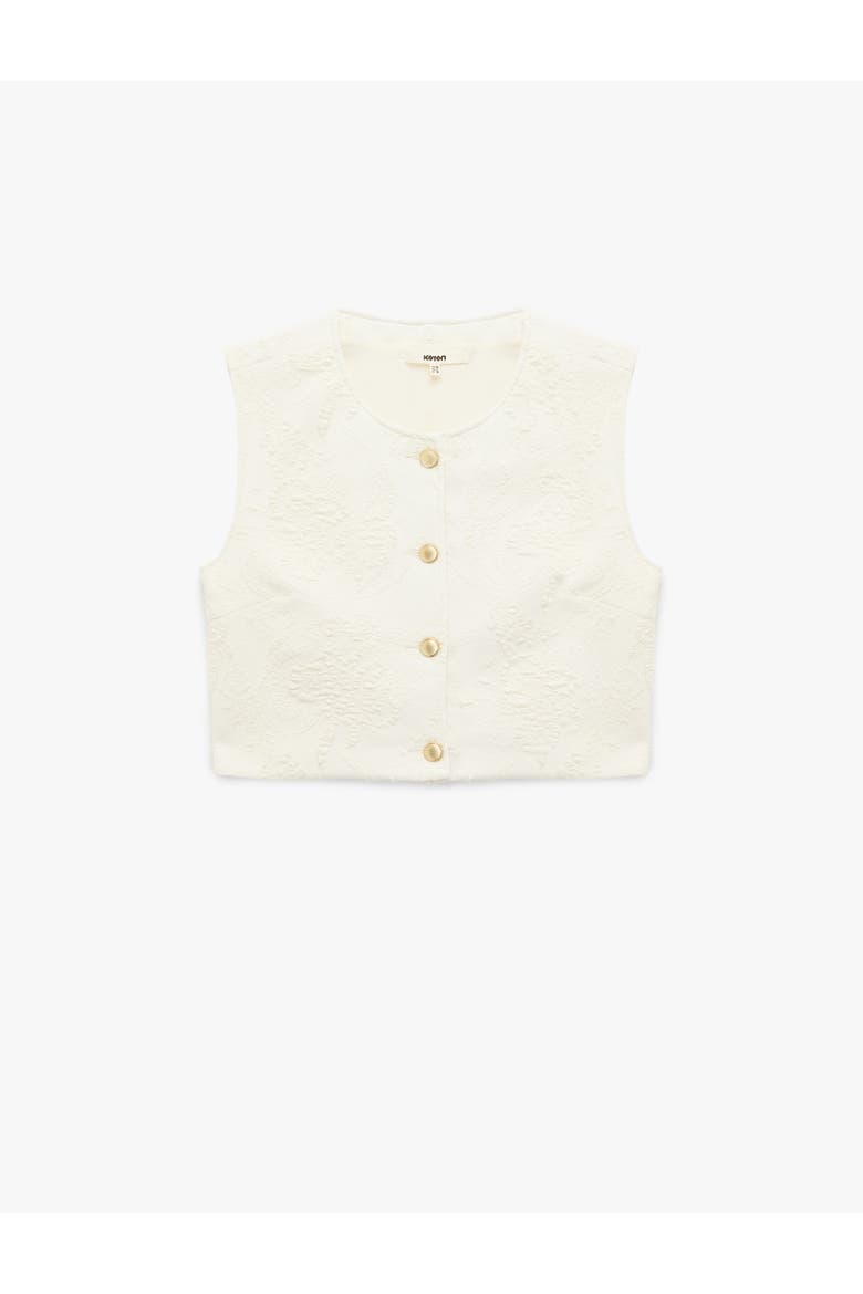 Round Neck Floral Textured Cropped Vest with Jeweled Buttons, Alternate, color, ECRU
