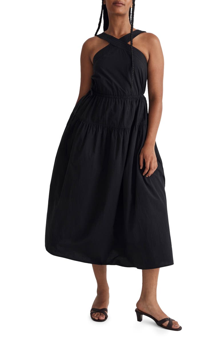 Madewell Halter Tiered Poplin Midi Dress, Main, color,