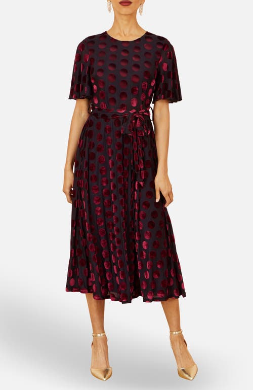 Yumi Velour Spot Midi Skater Dress In Burgundy