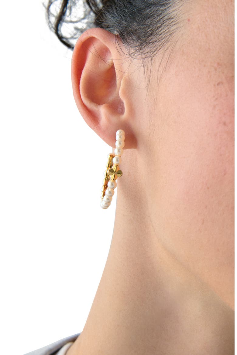 spade flower faux pearl hoop earrings, Alternate, color, WHITE GOLD.