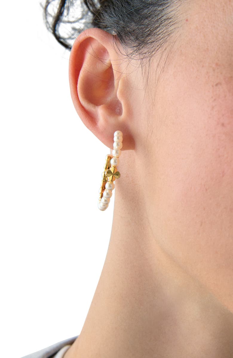 Kate Spade New York spade flower faux pearl hoop earrings, Alternate, color, White Gold.