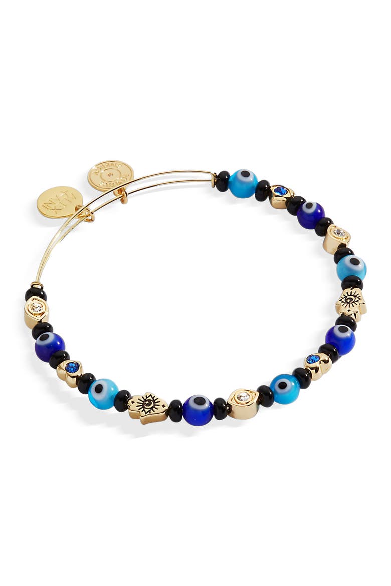 Evil Eye Beaded Bangle Bracelet, Main, color, Gold Blue
