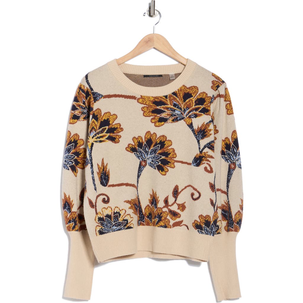 T Tahari Puff Sleeve Floral Jacquard Sweater In Brown