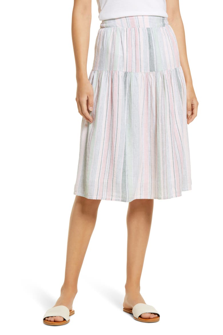 Linen Tiered Skirt, Main, color, WHITE- PINK STRIPE
