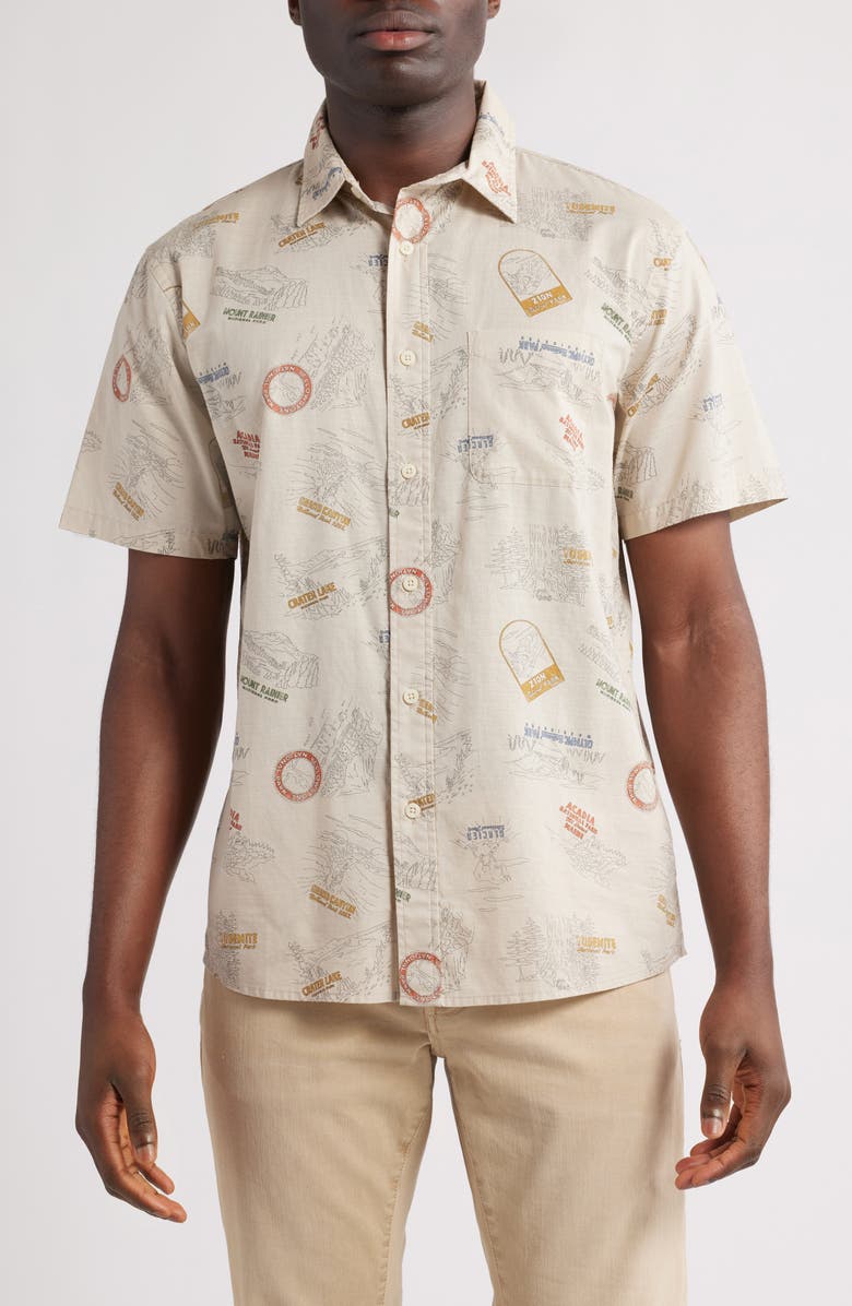 Pendleton Shoreline National Park Print Short Sleeve Cotton Button-Up Shirt, Main, color, Parks Tan