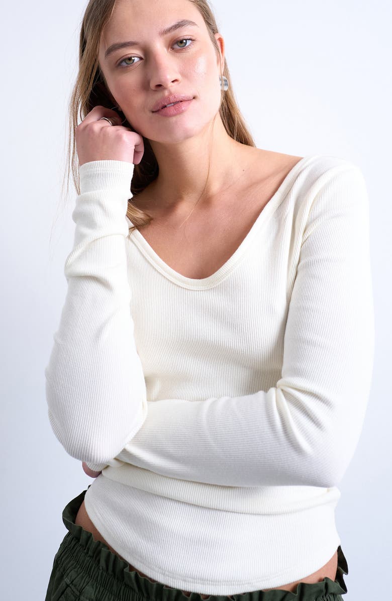 Topshop Double V-Neck Long Sleeve Stretch Cotton Rib Top, Alternate, color, Cream