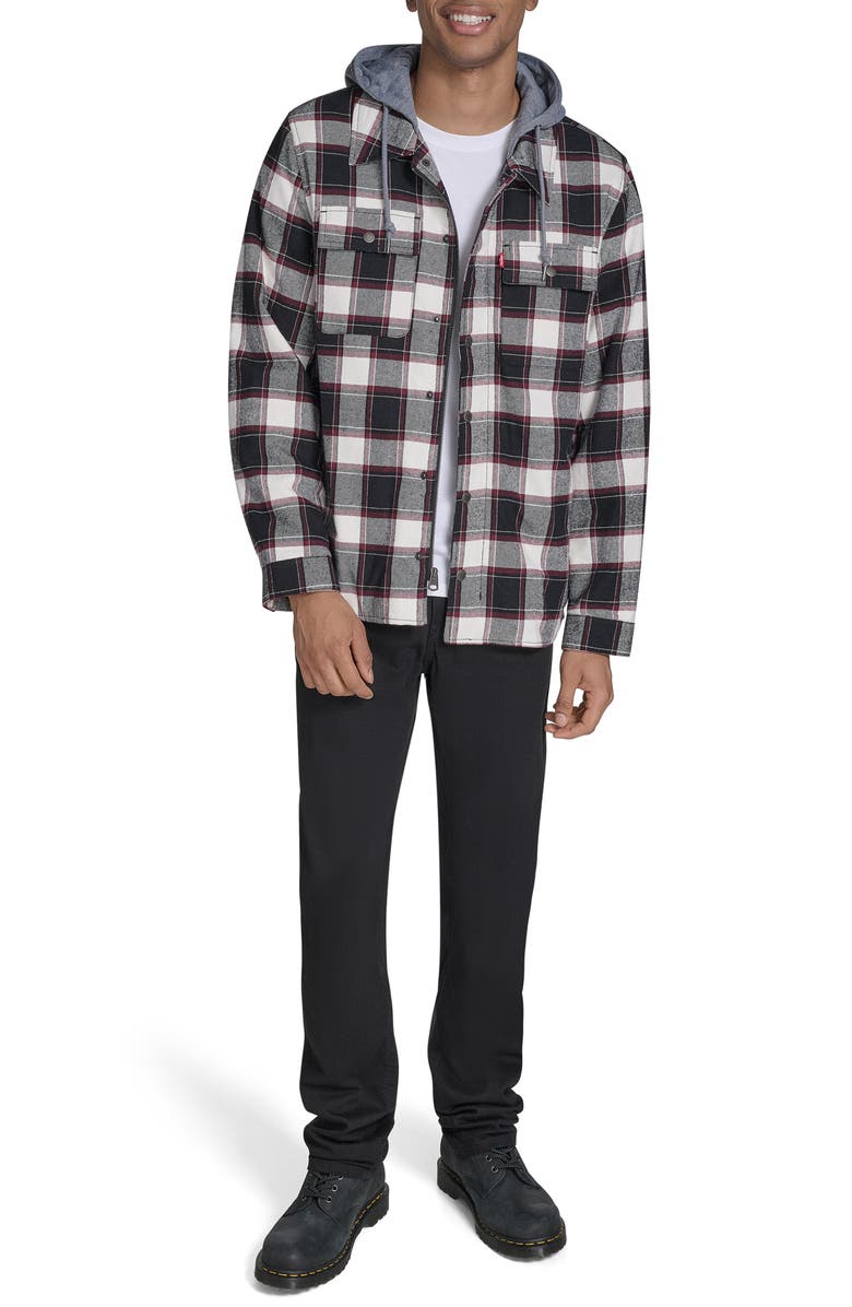 Levi's Plaid Faux Shearling Lined Jersey Hood Shirt Jacket, Alternate, color, Black/ Grey/ Bordeaux