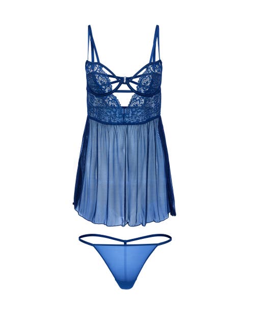 Adore Me Rae Unlined Babydoll & G-string Set Lingerie In Dark Blue