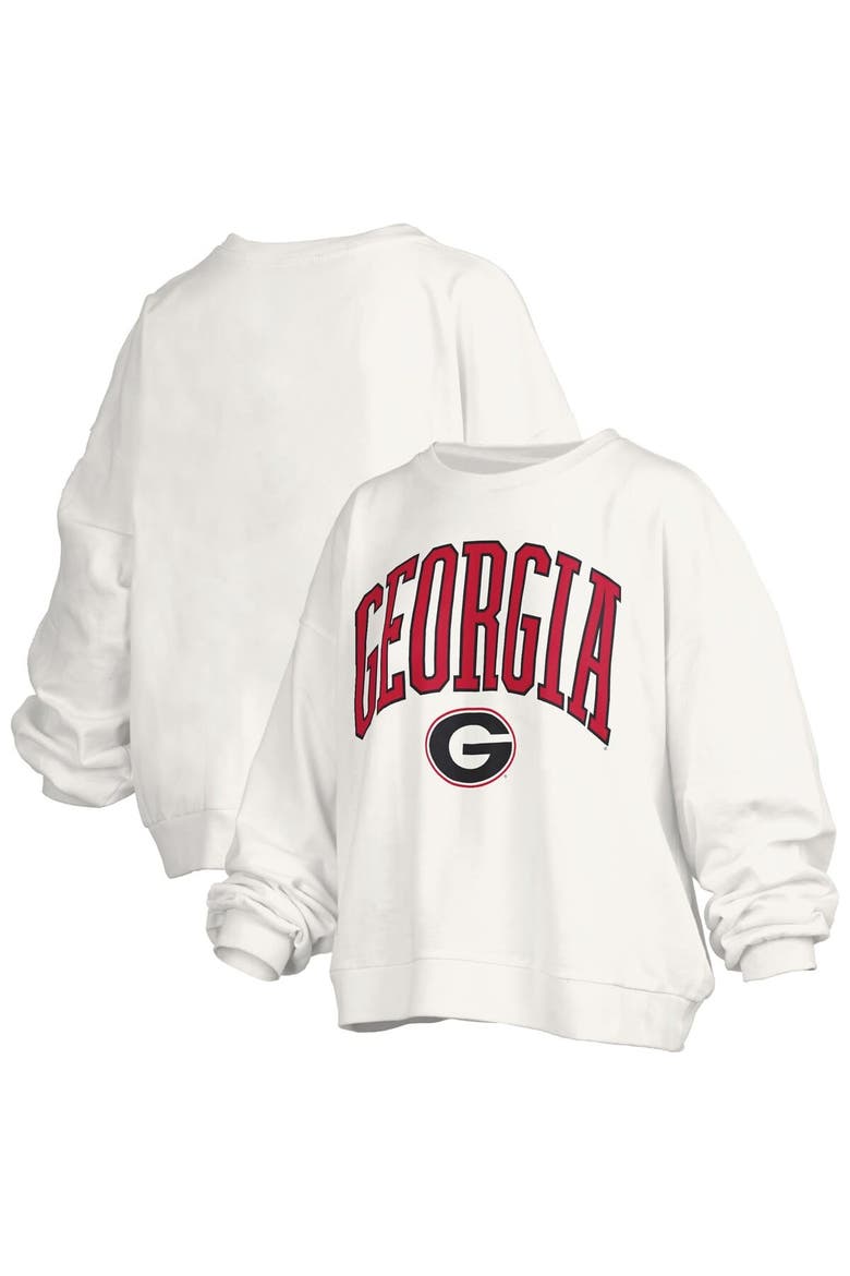 Women's Pressbox White Georgia Bulldogs Janise Arch Over Logo Waist Length Oversized Pullover Sweatshirt, Main, color, White