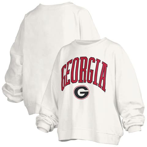 Women's Pressbox White Georgia Bulldogs Janise Arch Over Logo Waist Length Oversized Pullover Sweatshirt