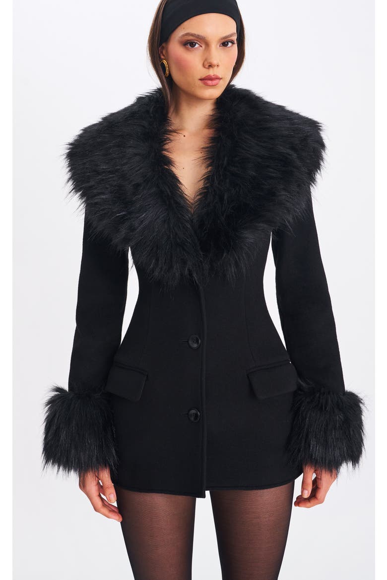 Hailee Single Breasted Wool Blend Mini Coat with Removable Fur Lapel, Main, color, Black