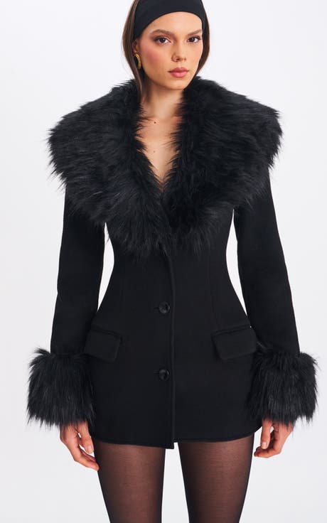Hailee Single Breasted Wool Blend Mini Coat with Removable Fur Lapel