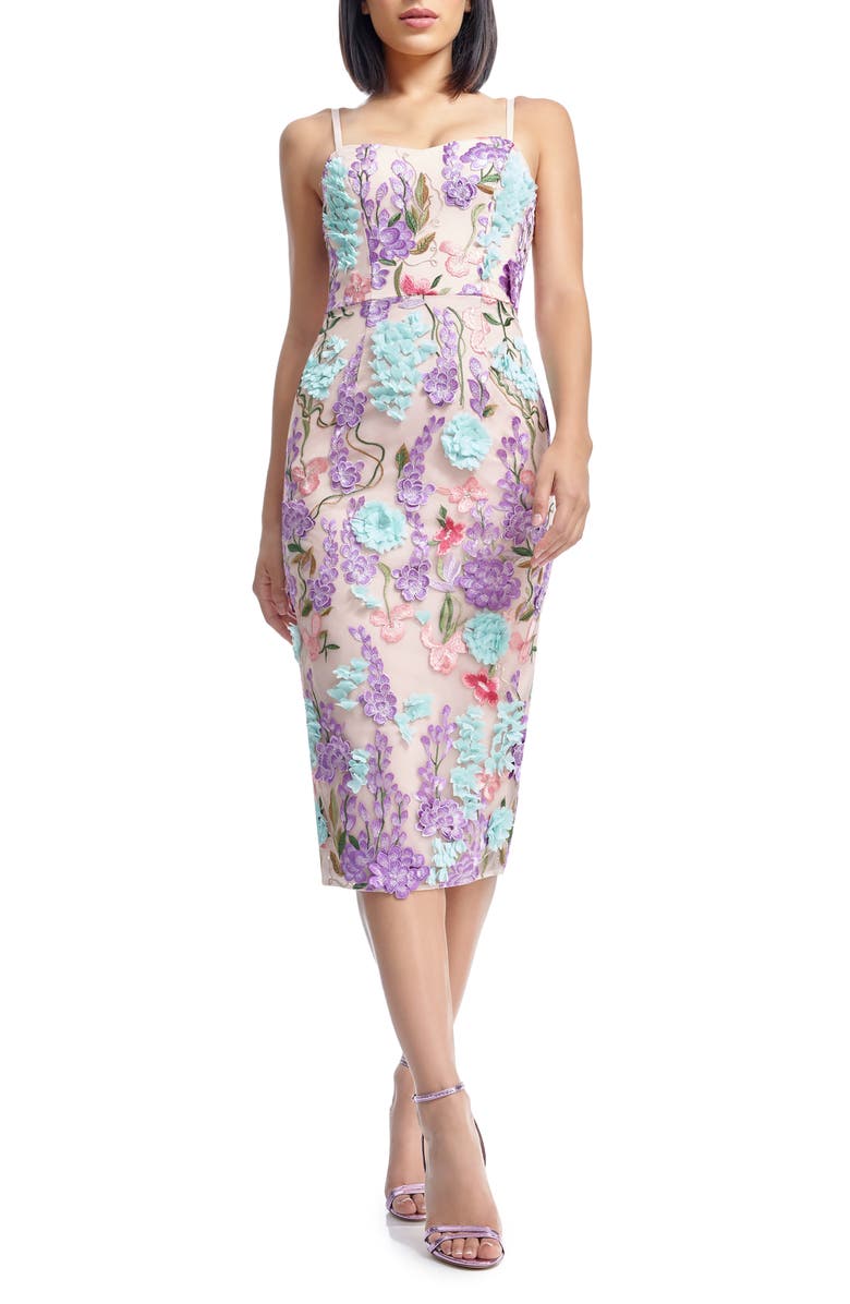 Dress the Population Blakely Floral Embroidered Body-Con Cocktail Midi Dress, Main, color, Blush Multi