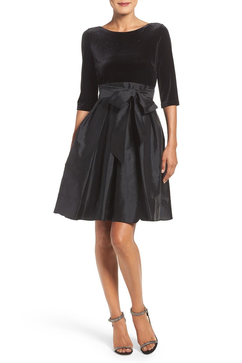Velvet & Taffeta Fit & Flare Dress, Alternate, color, BLACK