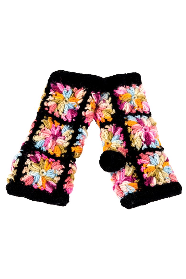 Multi Color Flower Crochet Handwarmers, Main, color, Black Multi