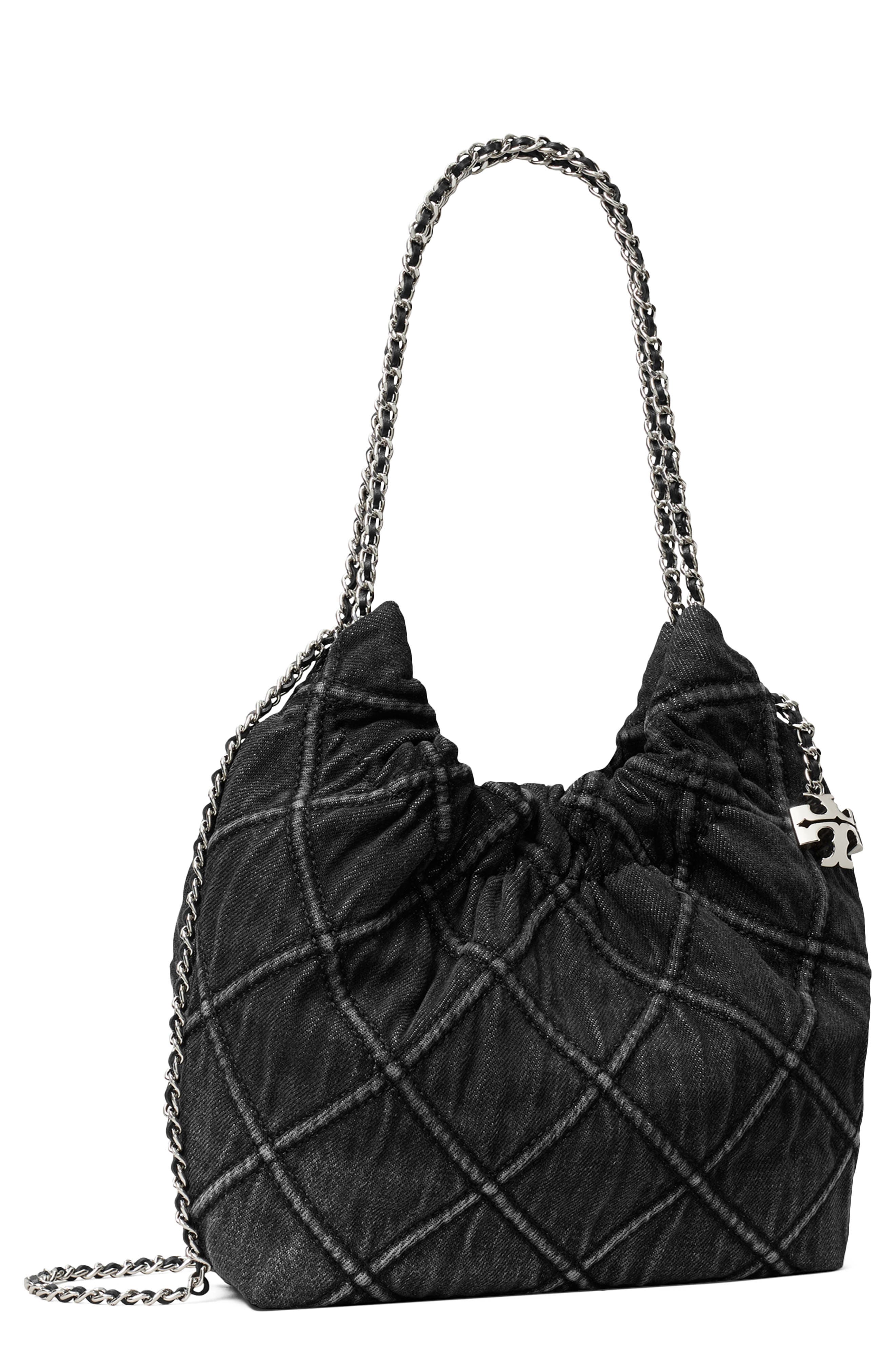 Mini Fleming Quilted Denim Hobo Bag, Main, color, BLACK
