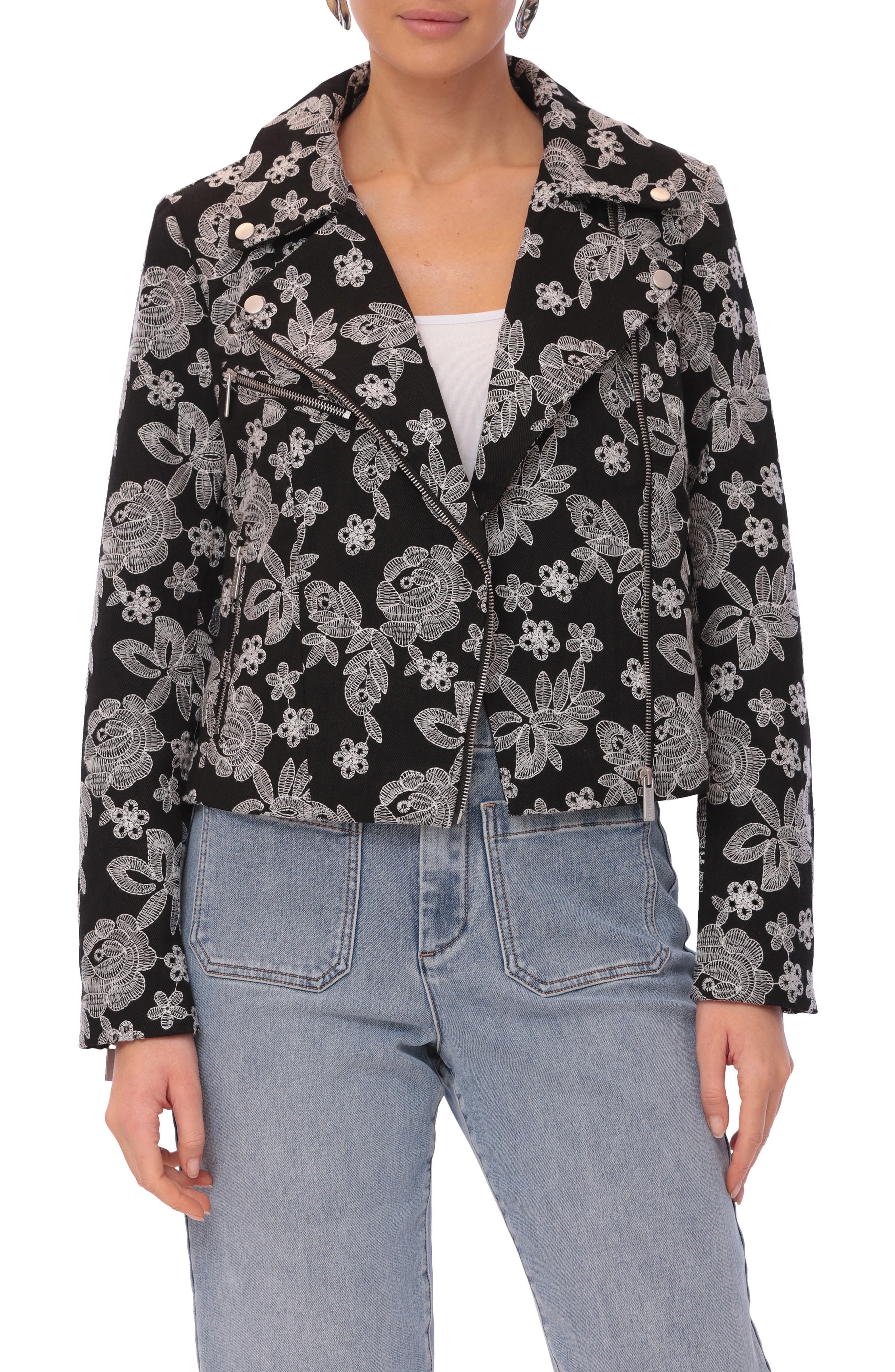 Bagatelle Floral Embroidery Cotton Moto Jacket