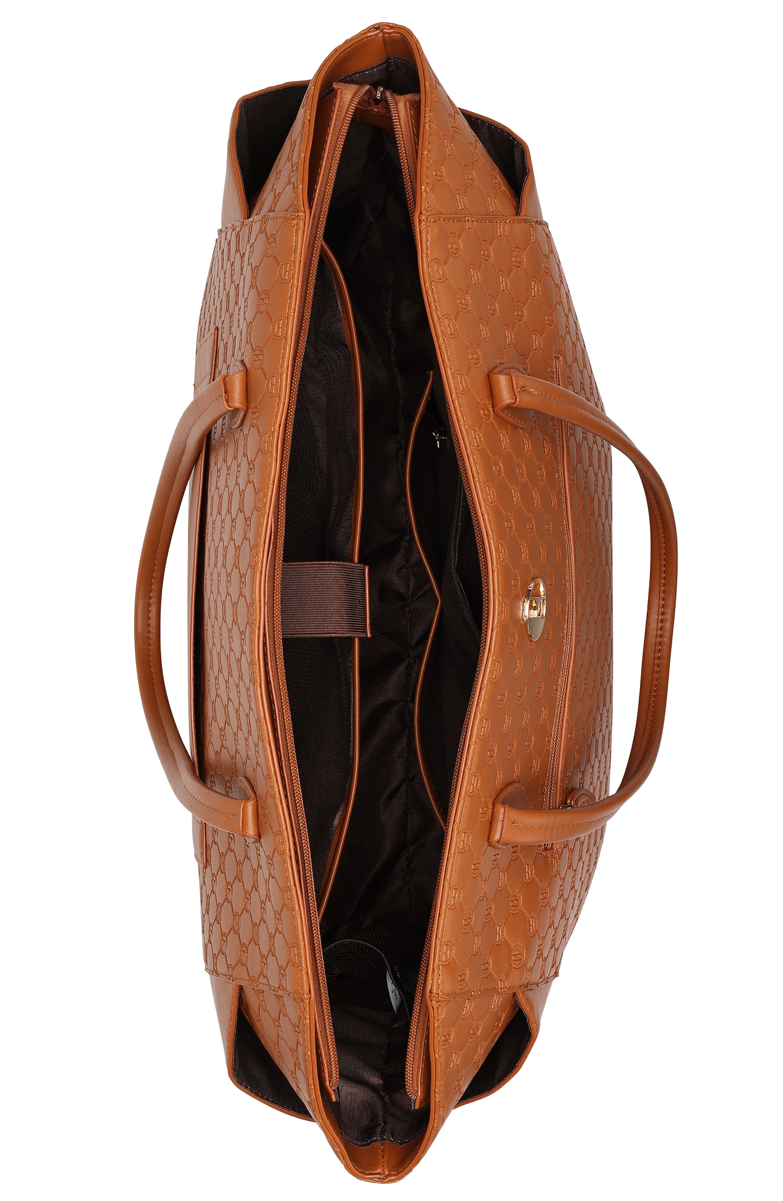 ELLE Compass 32L Vegan Leather Monogram Weekender Duffel Bag, Alternate, color, Brown