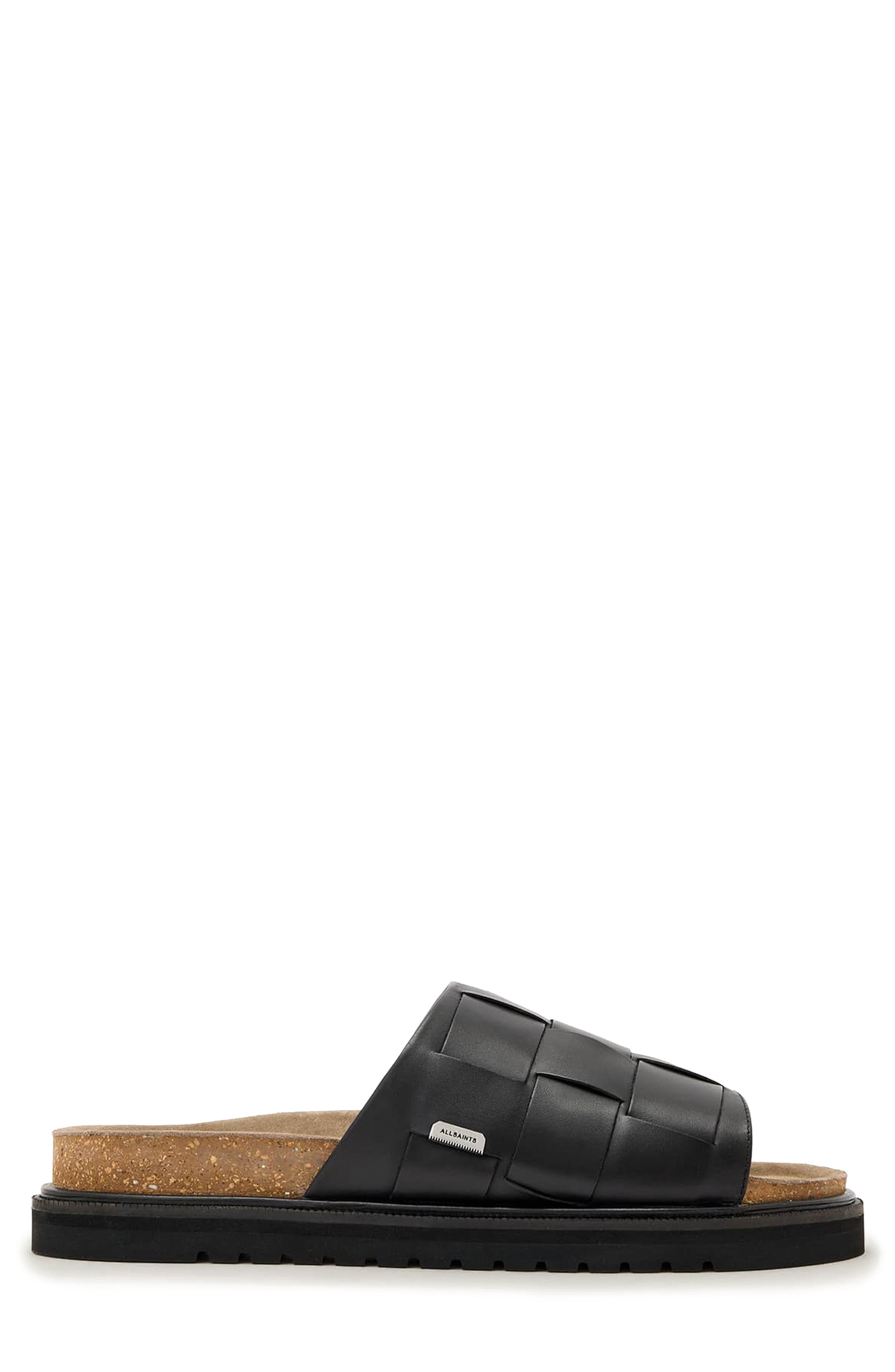 AllSaints <p>Randal Woven Leather Slide Sandal (Men)</p>, Alternate, color, Black