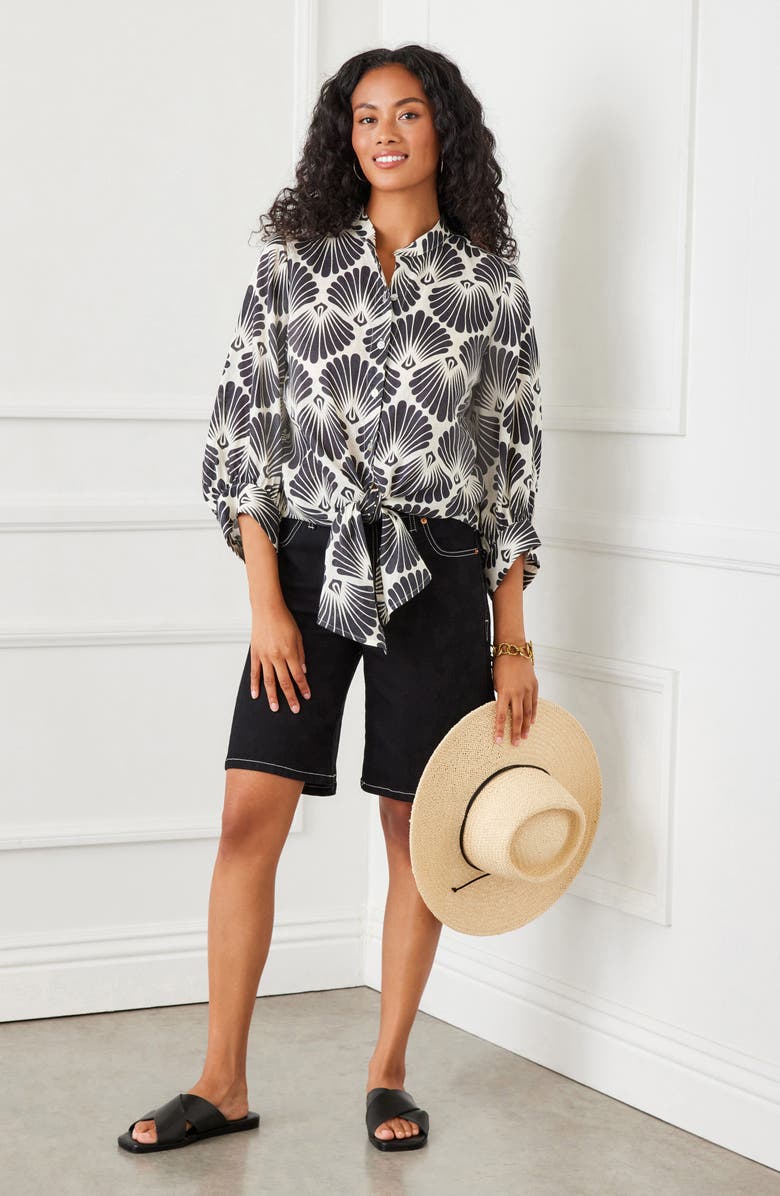 Karen Kane Shell Print Tie Front Linen Button-Up Top, Alternate, color, Black/ White Print