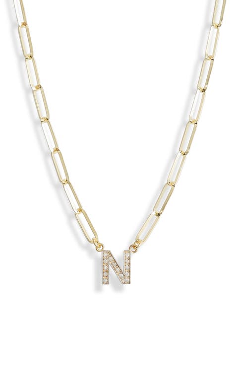 Diamond Initial Charm Paper Clip Chain Necklace