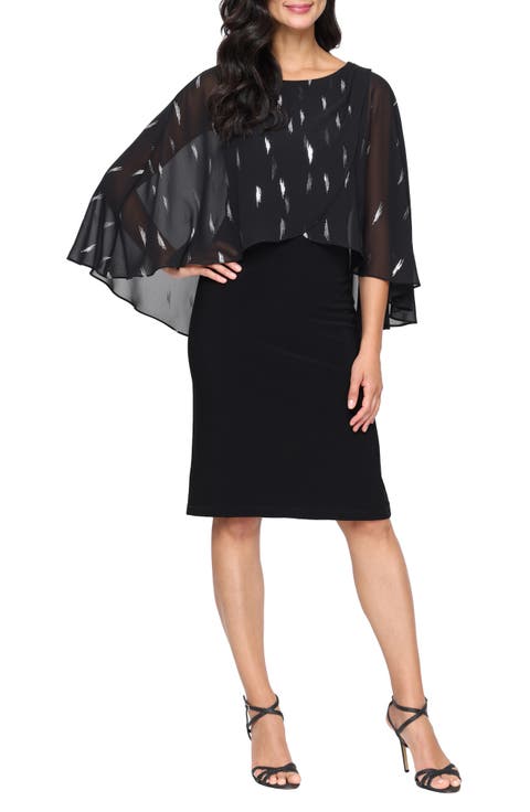Foil Print Chiffon Capelet Cocktail Dress