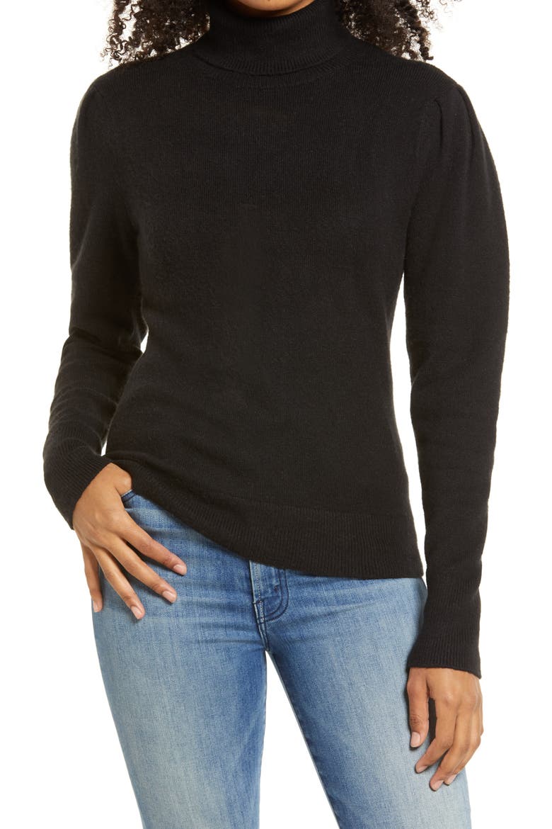 Rachell Parcell Puff Shoulder Turtleneck Sweater, Main, color, BLACK