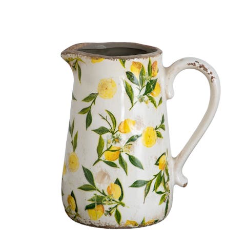 9-in Lemon Print Ceramic Rustic Jug Vase