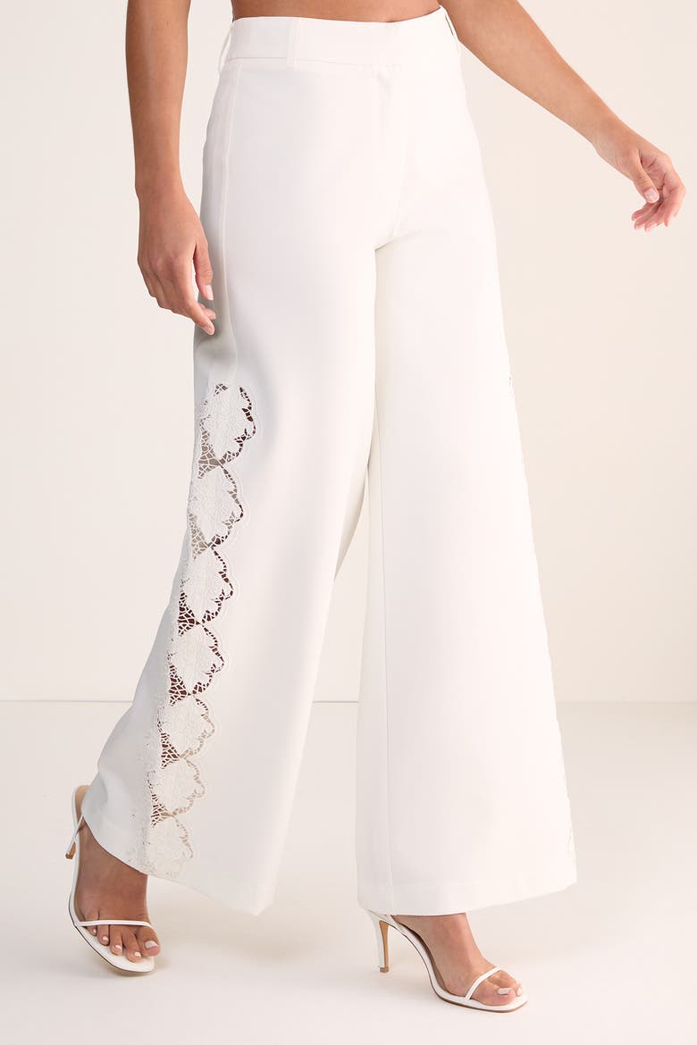 Cutwork Side Tailored Wide Leg Pants, Main, color, White