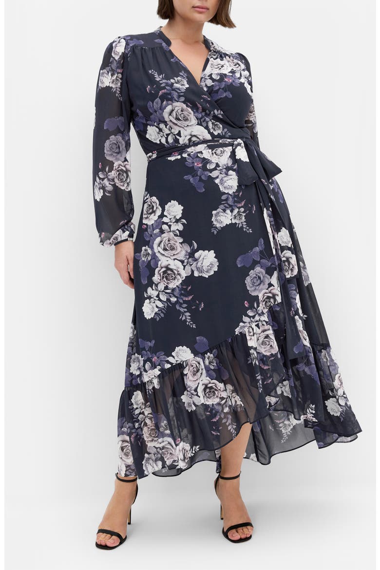 Jane Floral Print Long Sleeve Faux Wrap Maxi Dress, Main, color, NAVY ROSEBUD